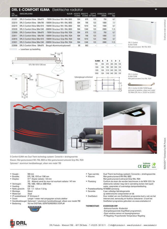 DRL Products B.V. DRL E-COMFORT Klima elektrische radiator 504x1240mm wandmodel grijs