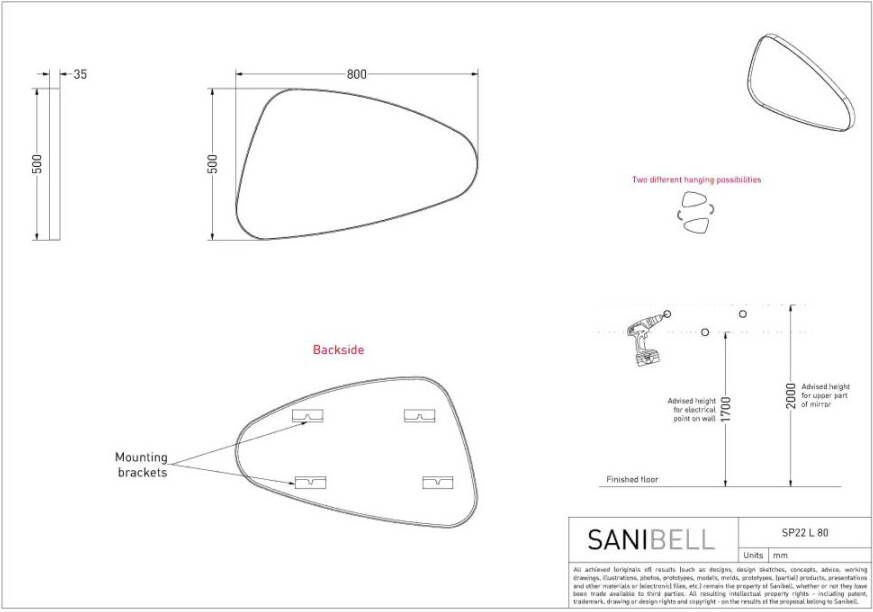 INK SP22 spiegel met organische vorm in stalen kader linker versie 50 x 80 x 4 cm mat wit