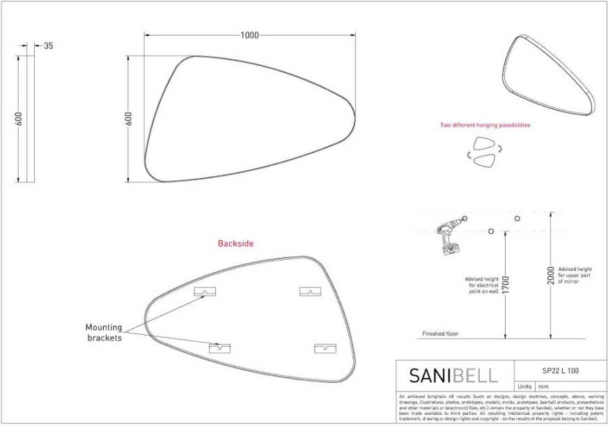 INK SP22 spiegel met organische vorm in stalen kader linker versie 60 x 100 x 4 cm mat wit