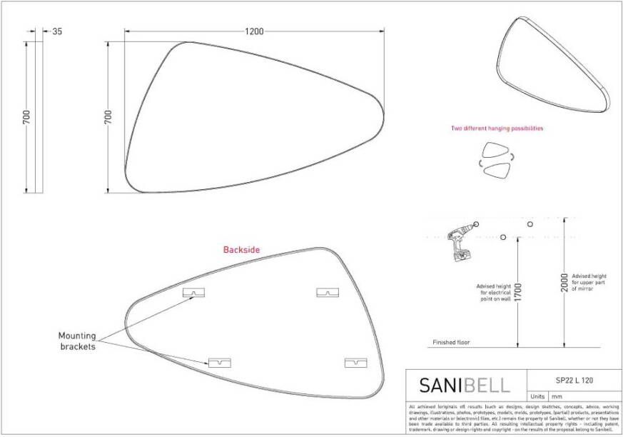 INK SP22 spiegel met organische vorm in stalen kader linker versie 70 x 120 x 4 cm mat goud