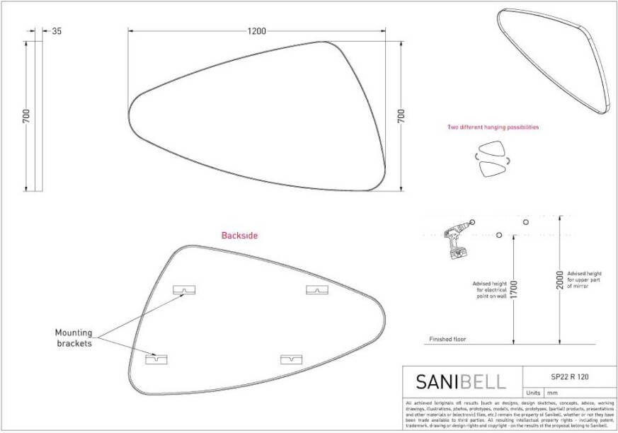 INK SP22 spiegel met organische vorm in stalen kader rechter versie 70 x 120 x 4 cm mat wit