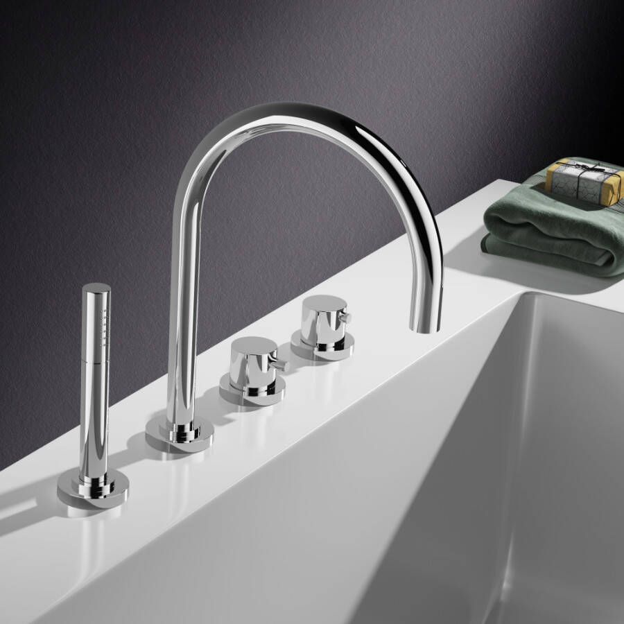 Douche Concurrent Badkraan Hotbath Buddy Thermostatisch Inbouw Rond Glans Chroom 2 Greeps 4 Gats met Handdouche en Uitloop