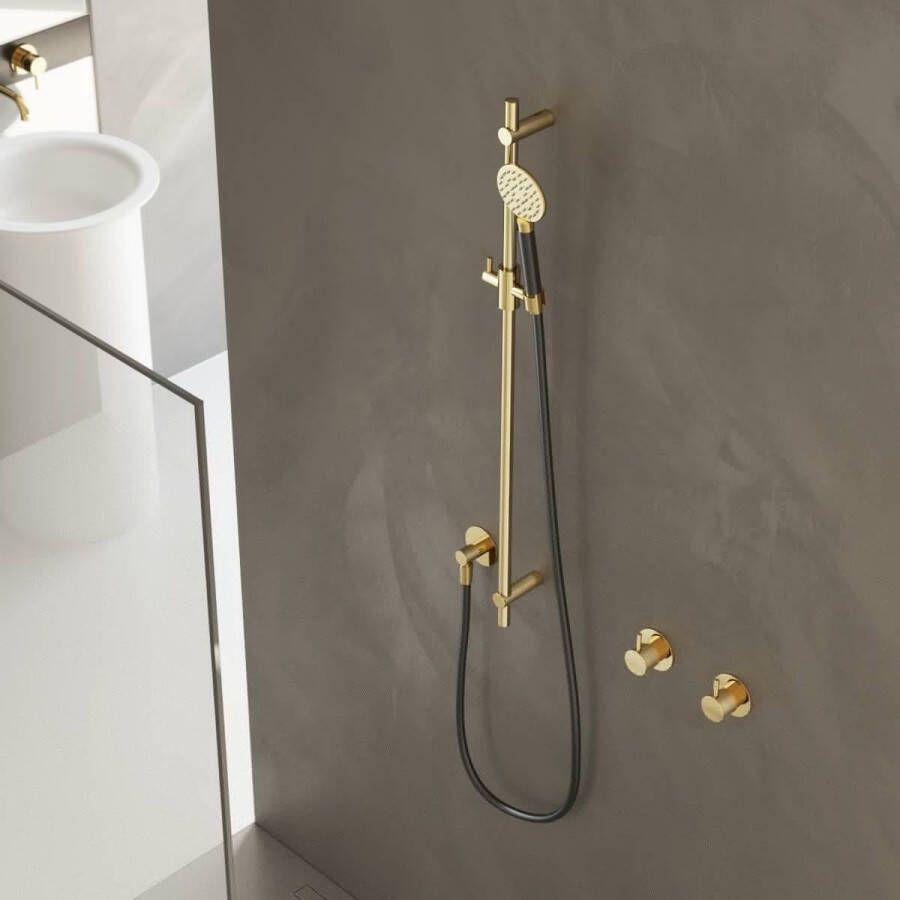 Hotbath Cobber glijstang 90cm met wandaansluitbocht 150cm doucheslang en ronde handdouche messing verouderd verweerd M308AB - Foto 3