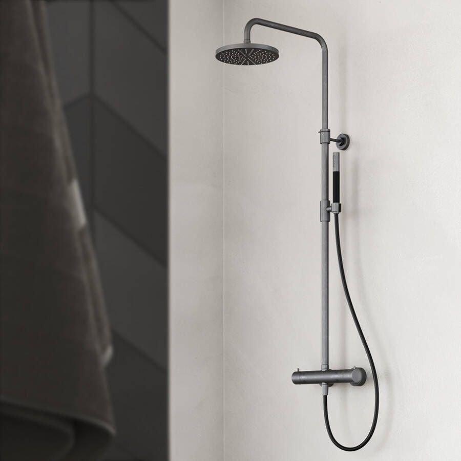 Hotbath Cobber thermostatische regendoucheset met ronde handdouche mat zwart