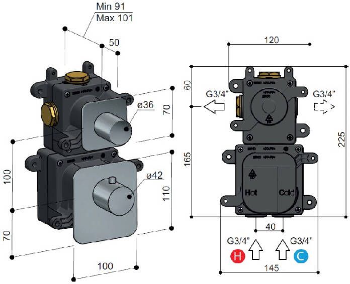 Hotbath Gal afbouwdeel voor High Flow thermostaat met 1 stopkraan horizontaal verticaal geborsteld gunmetal PVD - Foto 3