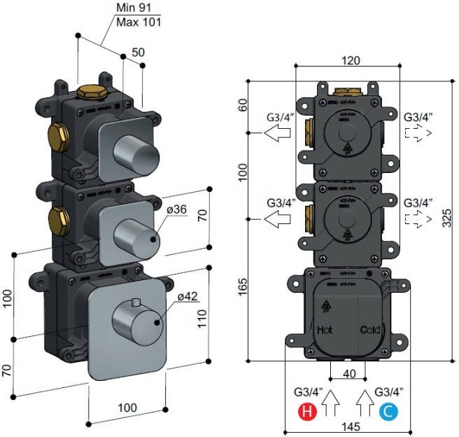 Hotbath Gal afbouwdeel voor High Flow thermostaat met 2 stopkranen horizontaal verticaal geborsteld nikkel PVD - Foto 2