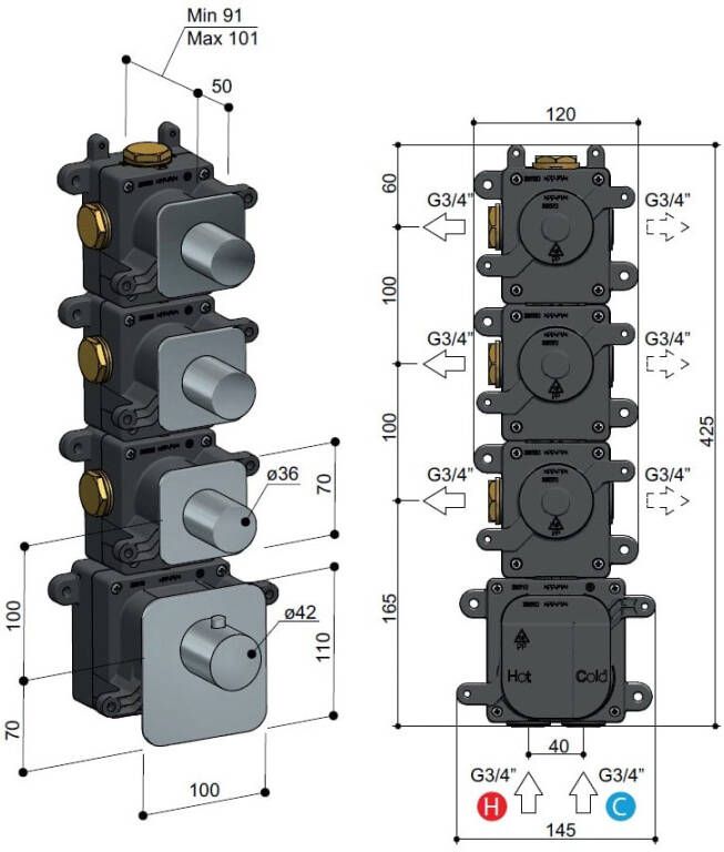 Hotbath Gal afbouwdeel voor High Flow thermostaat met 3 stopkranen horizontaal verticaal geborsteld gunmetal PVD - Foto 2