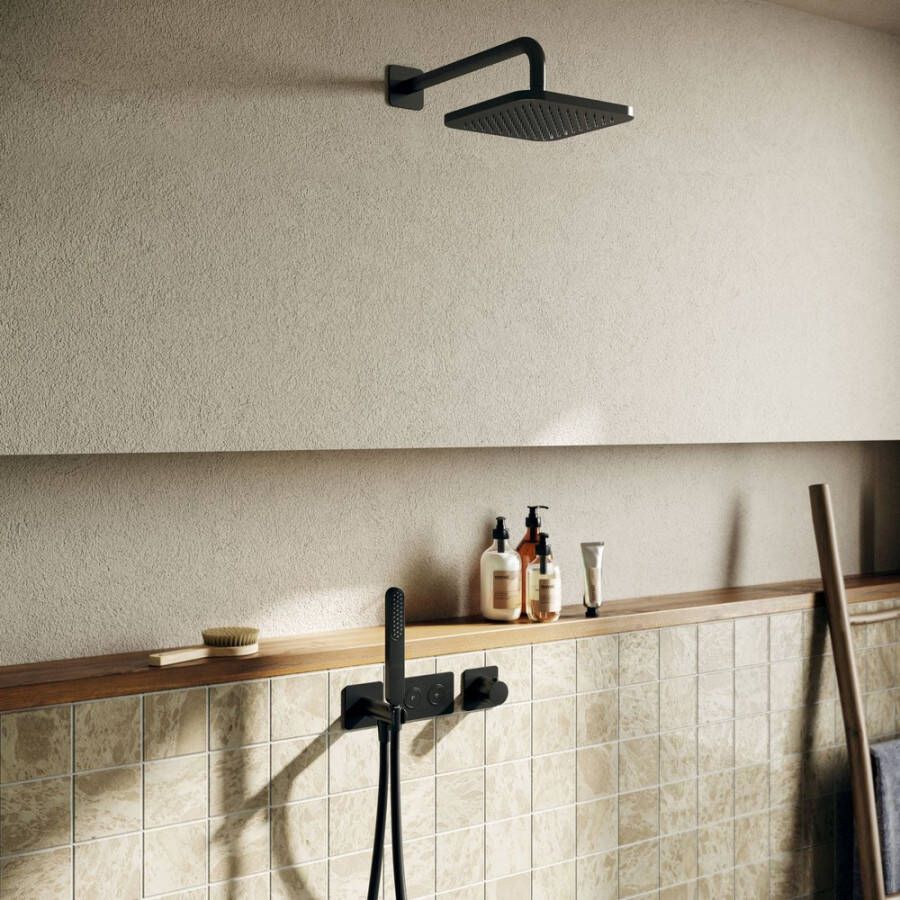 Hotbath Gal IBS41 complete thermostatische douche inbouwset met 2 pushbuttons met 35cm wandarm 22cm vierkante hoofddouche staafhanddouche zwart mat IBS41BL