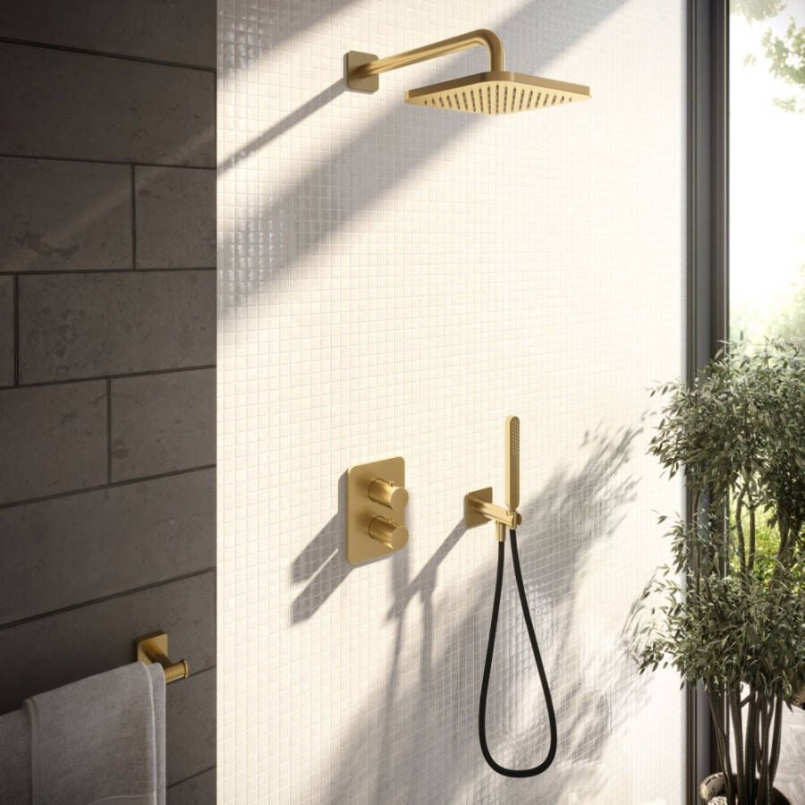 Hotbath Gal IBS40A Doucheset inbouw 20cm vierkante hoofddouche wandarm 35cm staafhanddouche messing geborsteld PVD IBS40ABBP