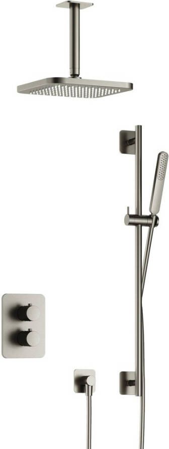 Hotbath Gal IBS40A complete thermostatische douche inbouwset met 2-weg stop omstel met 15cm plafondarm 22cm vierkante hoofddouche staafhanddouche met glijstang messing geborsteld PVD IBS40ABBP27