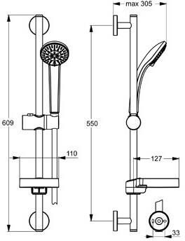 Ideal Standard Idealrain glijstangset 60cm met 3 standen handdouche S3 Ø8cm en transparante zeepschaal chroom