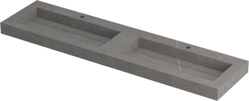 Ink Pitch Wastafel keramische slab bak dubbel met drain en front en side skirts 2 kraangaten Statuario glans 1800x450x90 mm (bxdxh)