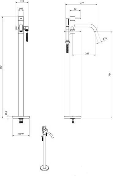 Plieger Roma vrijstaande badkraan 11x89.2x27.7cm met omstel met handdouche mat zwart ID399 MAT BLACK - Foto 2