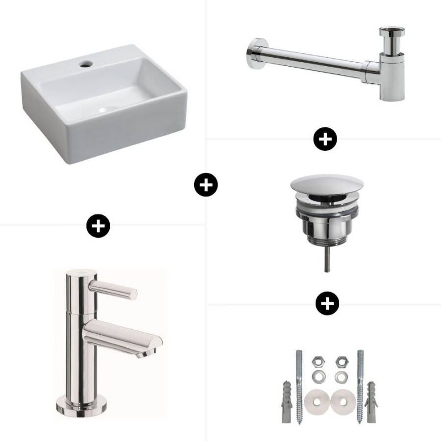 Wiesbaden Fonteinset Leto Rechthoek 32x29x11cm Keramiek Glans Wit Chroom Toiletkraan Amador Sifon Clickwaste Bevestigingsset