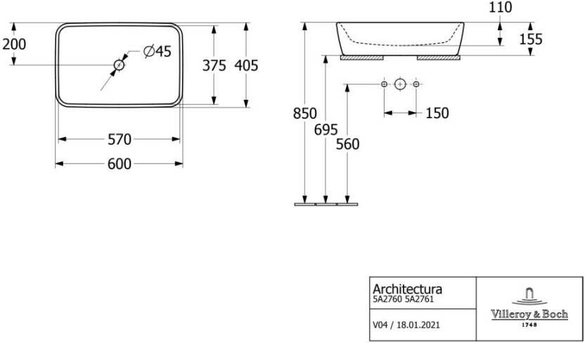 Villeroy & Boch Architectura waskom 60x40.5x15.5cm Rechthoek zonder overloopgat Wit Alpin glans Ceramic 5a276101