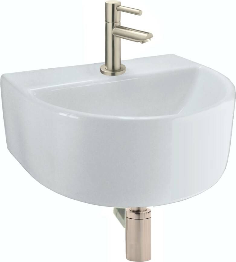 Wiesbaden Fonteinset Lara Half Rond 30x25x12 cm met Amador Toiletkraan Hendel Waste en Sifon Geborsteld Staal