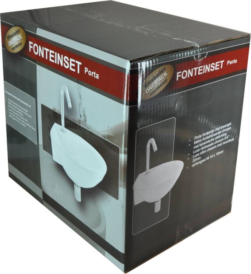 Wiesbaden Fonteinset Porta Rond Hoek 35x35x14cm Keramiek Glans Wit Chroom Toiletkraan Sifon Clickwaste Bevestigingsset