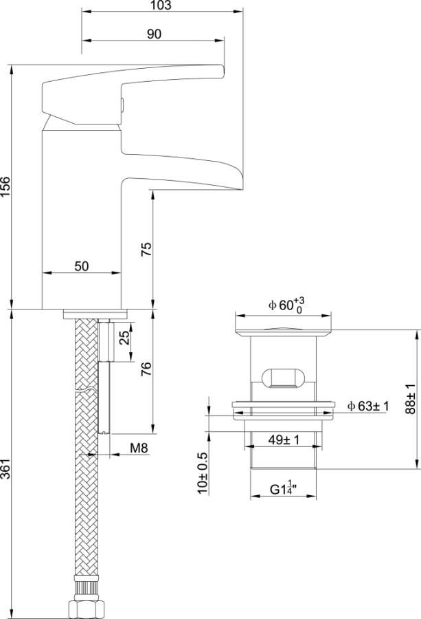 Wiesbaden Wastafelkraan Rombo Waterval Opbouw Laag Mengkraan Vierkant Staal 1 Greeps met Waste - Foto 2