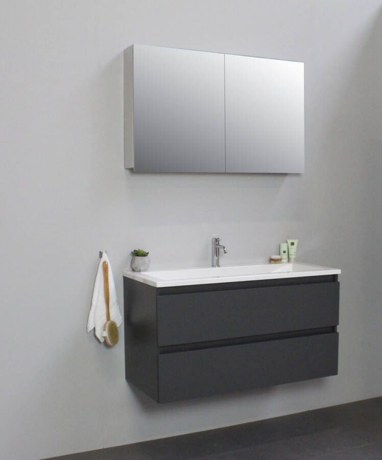 Bewonen Luuk badmeubel 100cm acryl wastafel 1 kraangat mat antraciet met spiegelkast bouwpakket