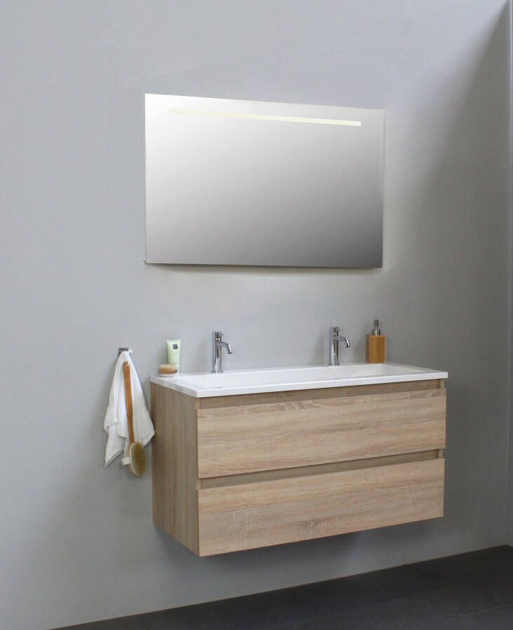 Bewonen Luuk badmeubel 100cm acryl wastafel 2 kraangaten eiken met LED spiegel geassembleerd