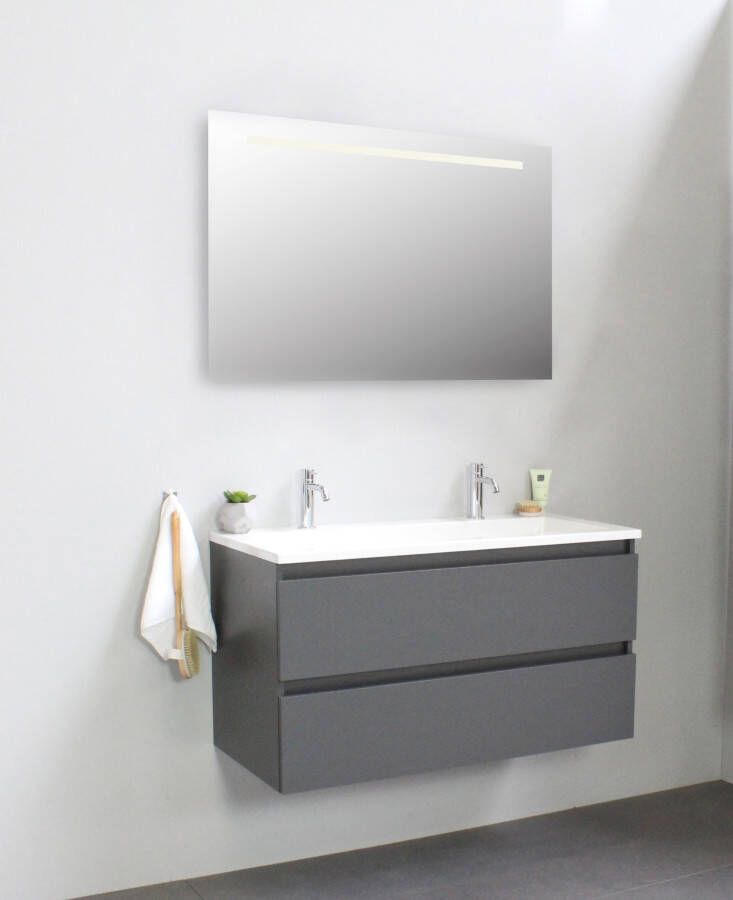 Bewonen Luuk badmeubel 100cm acryl wastafel 2 kraangaten mat antraciet met LED spiegel geassembleerd