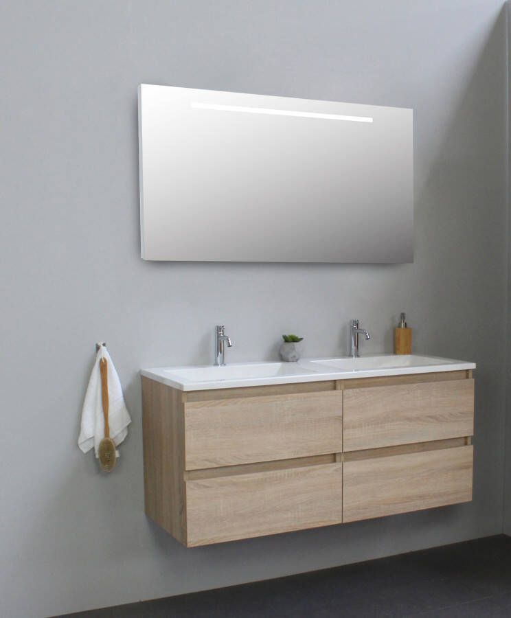 Bewonen Luuk badmeubel 120cm acryl wastafel 2 kraangaten eiken met LED spiegel geassembleerd