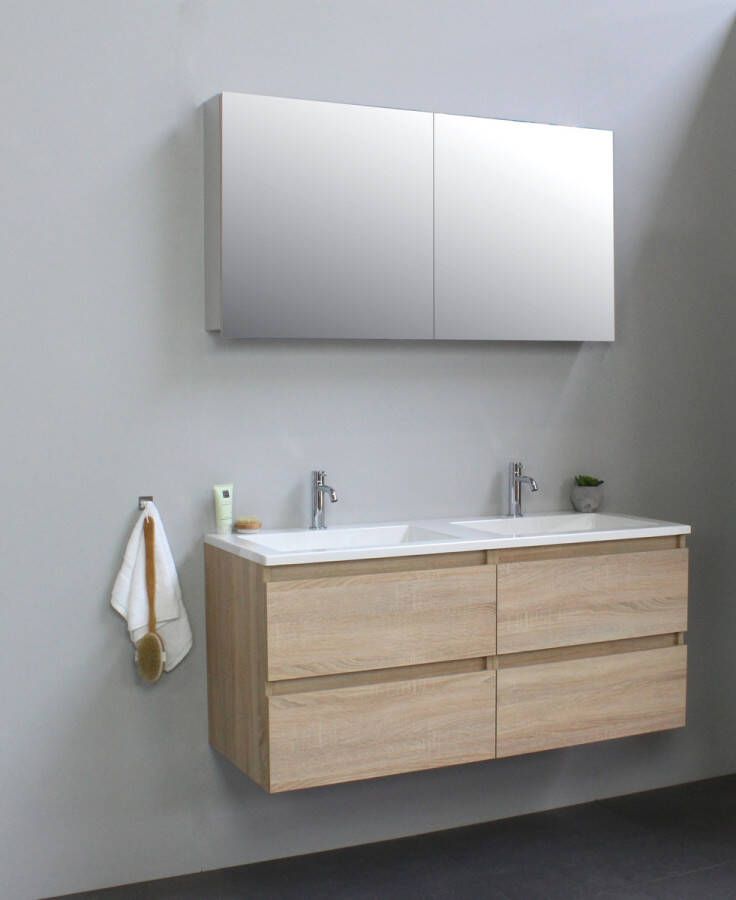 Bewonen Luuk badmeubel 120cm acryl wastafel 2 kraangaten eiken met spiegelkast
