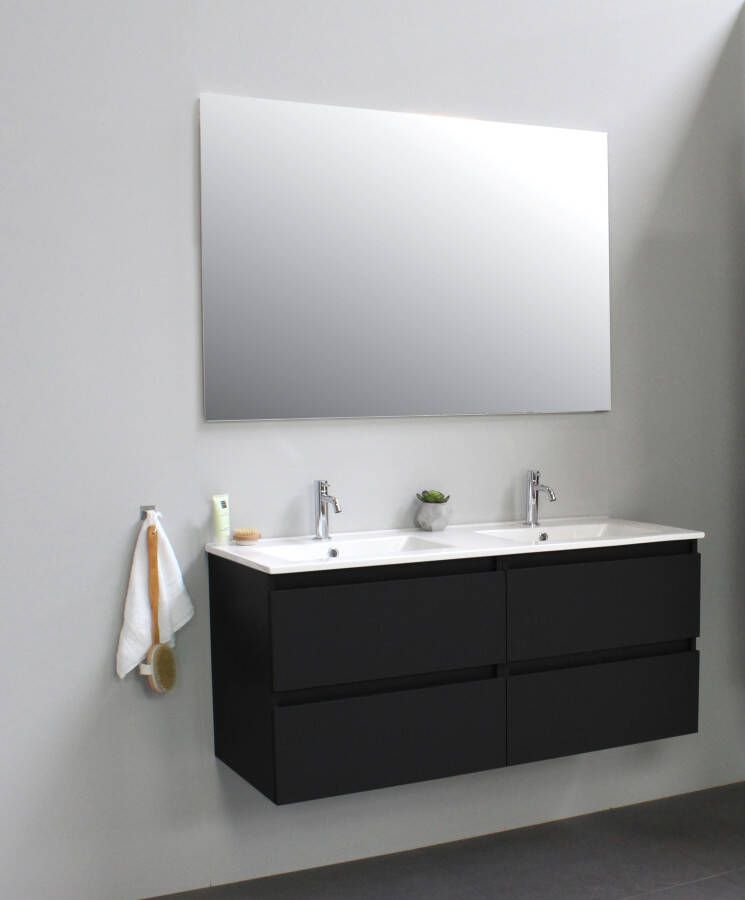 Bewonen Luuk badmeubel 120cm keramische wastafel 2 kraangaten mat zwart met spiegel bouwpakket