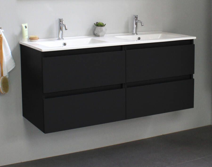 Bewonen Luuk badmeubel 120cm keramische wastafel 2 kraangaten mat zwart zonder spiegel geassembleerd