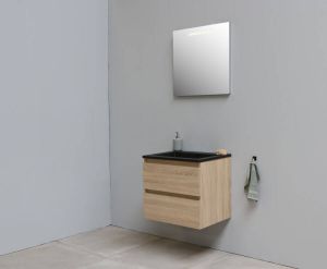 Bewonen Luuk badmeubel 60cm acryl wastafel Slade zwart zonder kraangat eiken met LED spiegel geassembleerd