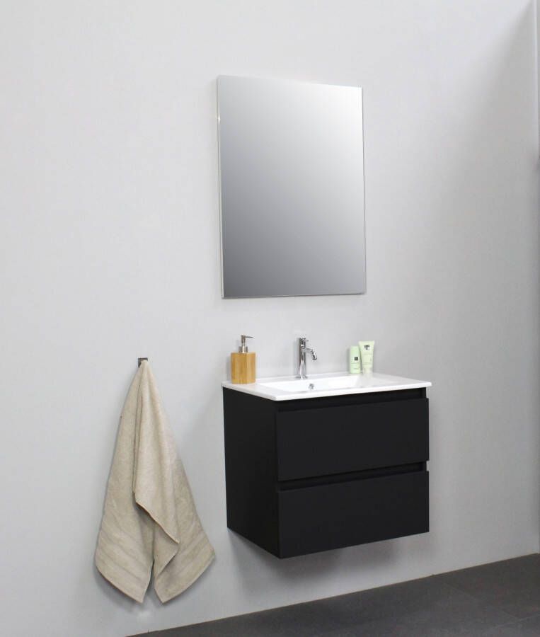 Bewonen Luuk badmeubel 60cm keramische wastafel 1 kraangat mat zwart met spiegel bouwpakket