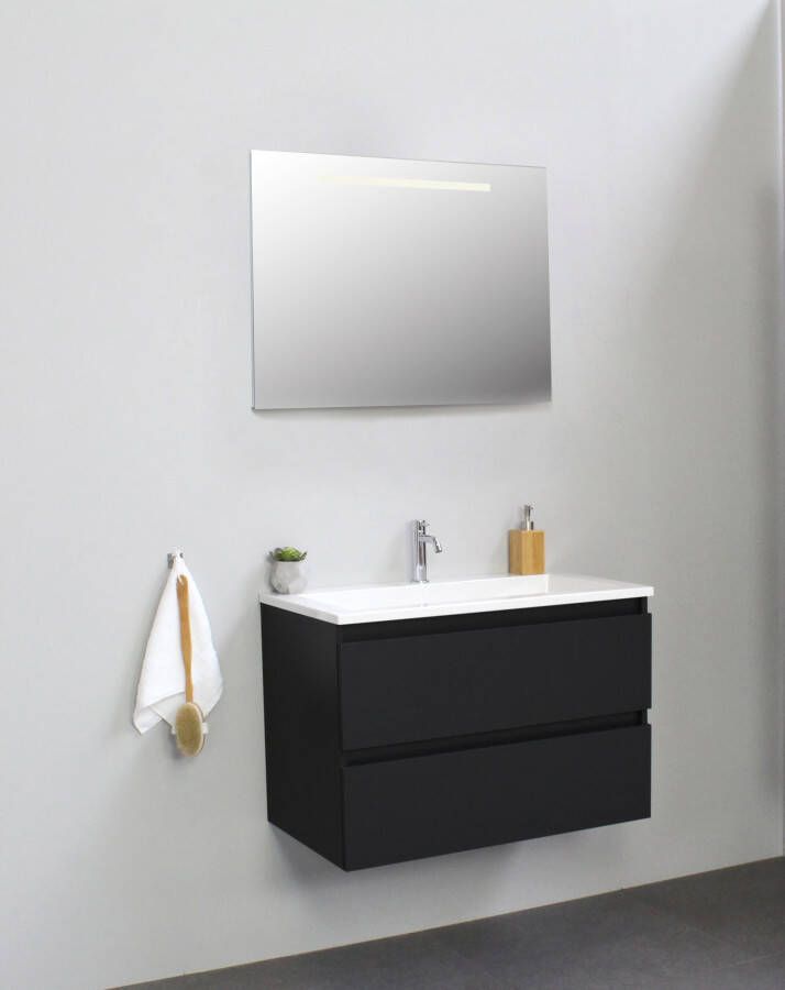 Bewonen Luuk badmeubel 80cm acryl wastafel 1 kraangat mat zwart met LED spiegel geassembleerd