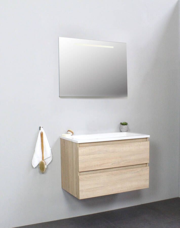 Bewonen Luuk badmeubel 80cm acryl wastafel zonder kraangat eiken met LED spiegel bouwpakket