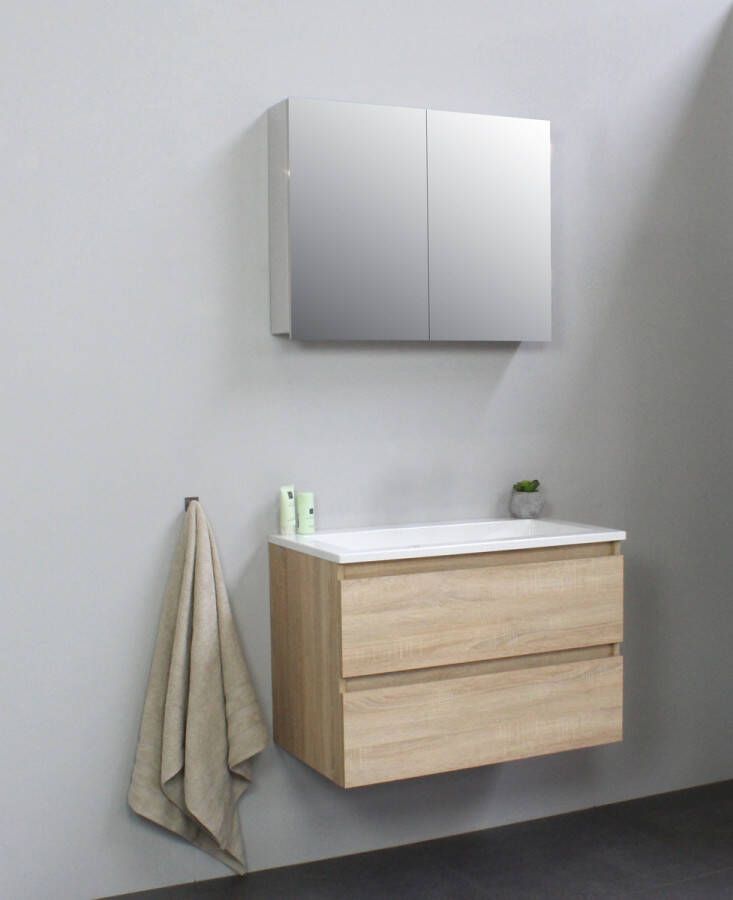 Bewonen Luuk badmeubel 80cm acryl wastafel zonder kraangat eiken met spiegelkast