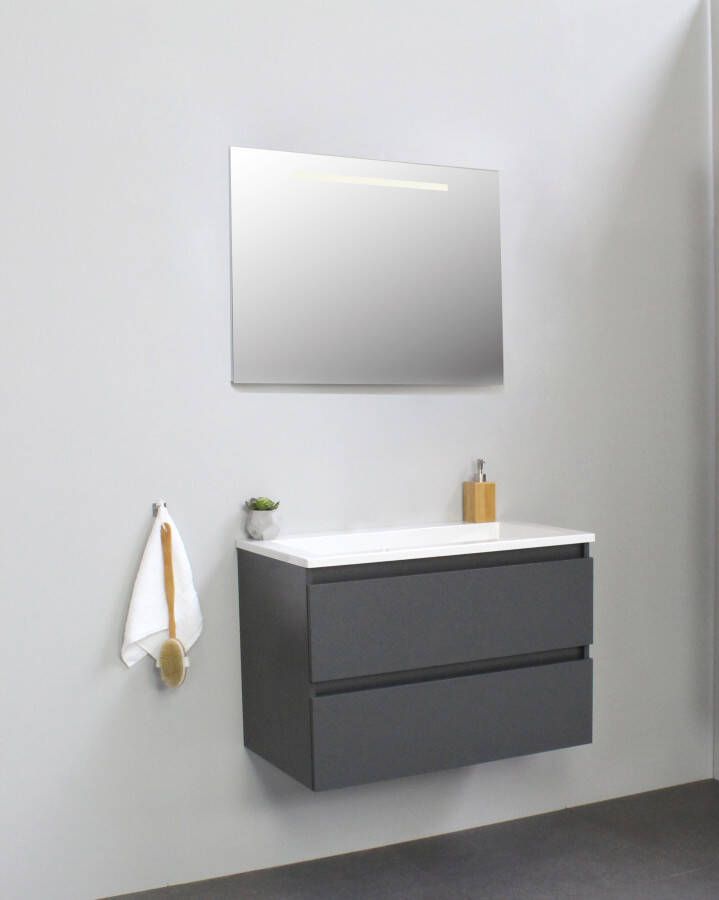 Bewonen Luuk badmeubel 80cm acryl wastafel zonder kraangat mat antraciet met LED spiegel geassembleerd