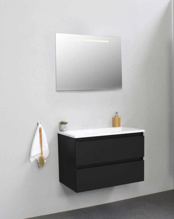 Bewonen Luuk badmeubel 80cm acryl wastafel zonder kraangat mat zwart met LED spiegel bouwpakket