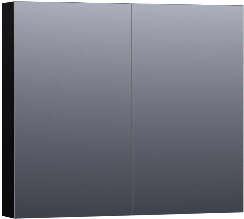 Saniclass Plain spiegelkast 80x70x15cm met 2 links- en rechtsdraaiende spiegeldeuren MDF hoogglans Zwart SK-PL80HZ