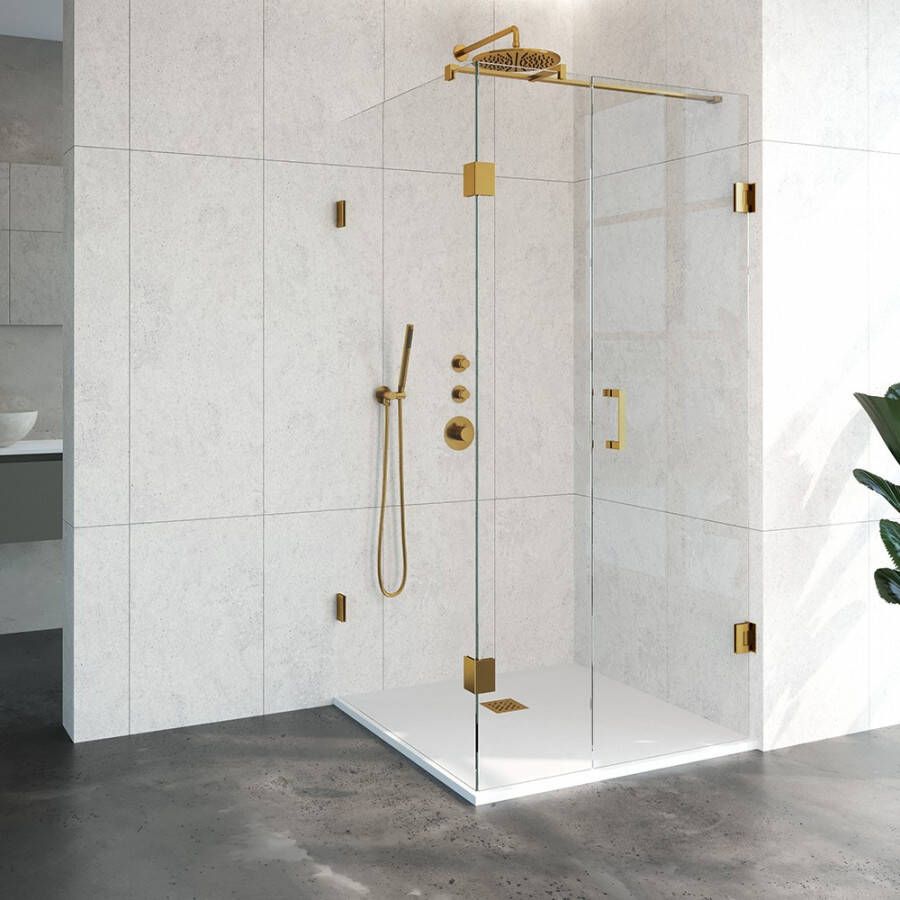 Saniclass Create Douchecabine 100x200x100cm profielloos met antikalk en 8mm veiligheidsglas Goud geborsteld 4JC10 - Foto 1