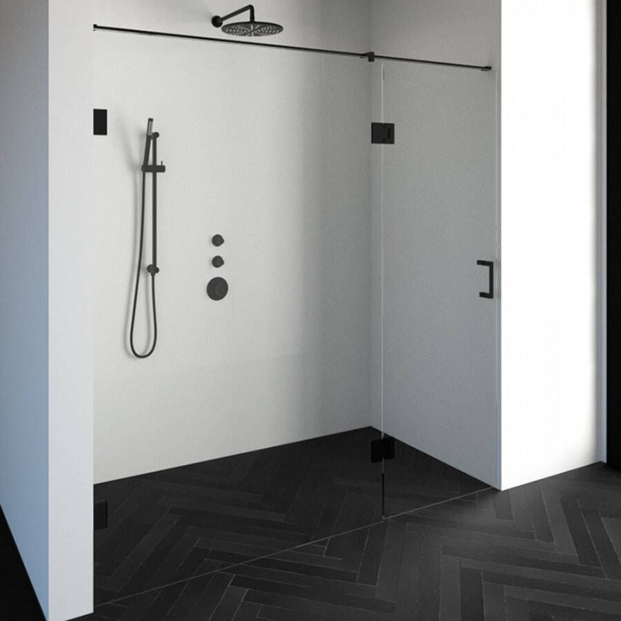Saniclass Create douchedeur 200x200cm 2 delig profielloos met antikalk en 8mm veiligheidsglas zwart mat 4JC15
