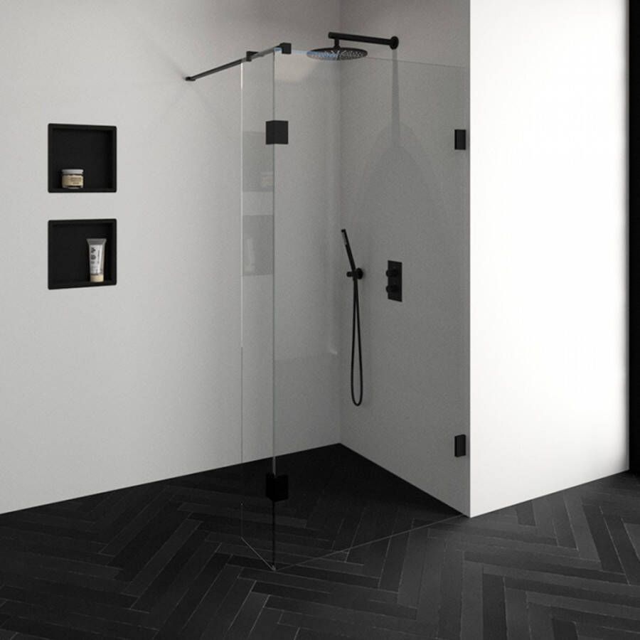 Saniclass Create inloopdouche 100x200cm profielloos met 30cm zijwand met antikalk en 8mm veiligheidsglas zwart mat 4JC2-100 30a