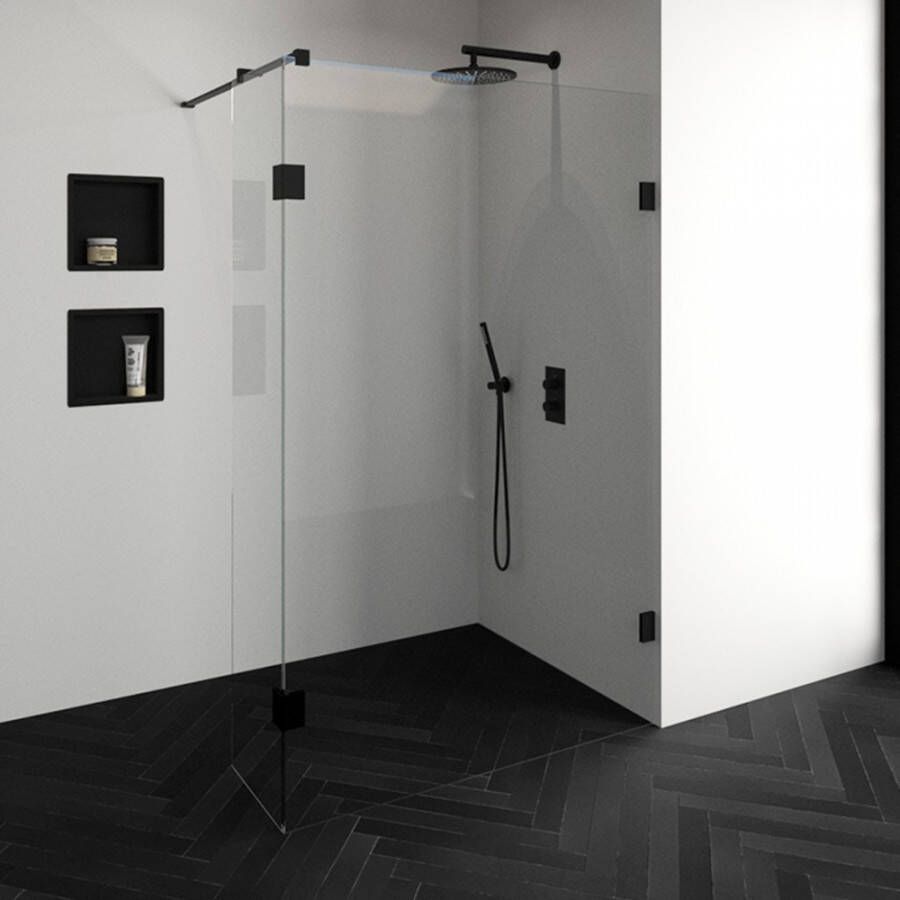 Saniclass Create inloopdouche 130x200cm profielloos met 40cm zijwand met antikalk en 8mm veiligheidsglas zwart mat 4JC2-130 40a