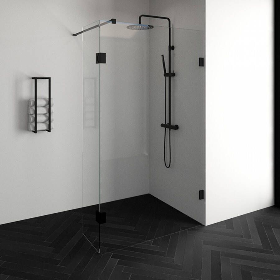 Saniclass Create inloopdouche 120x200cm profielloos met 40cm draaibare zijwand antikalk en 8mm veiligheidsglas zwart mat 4JC3-120 40a