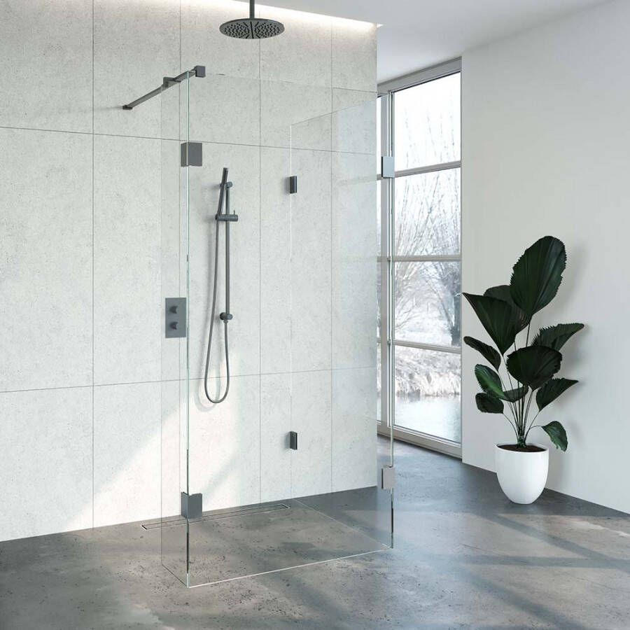 Brauer 4JC5 inloopdouche reversed met vaste zijwand 90 x 100 x 30 cm gunmetal geborsteld