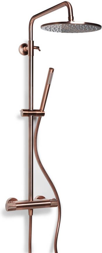 BLUE LABEL Brondby Facet douchesysteem in hoogte verstelbaar thermostatisch gekartelde greep hoofddouche 25 cm koper