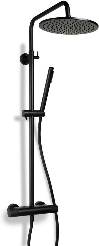BLUE LABEL Brondby Facet douchesysteem in hoogte verstelbaar thermostatisch gekartelde greep messing hoofddouche 25 cm mat zwart