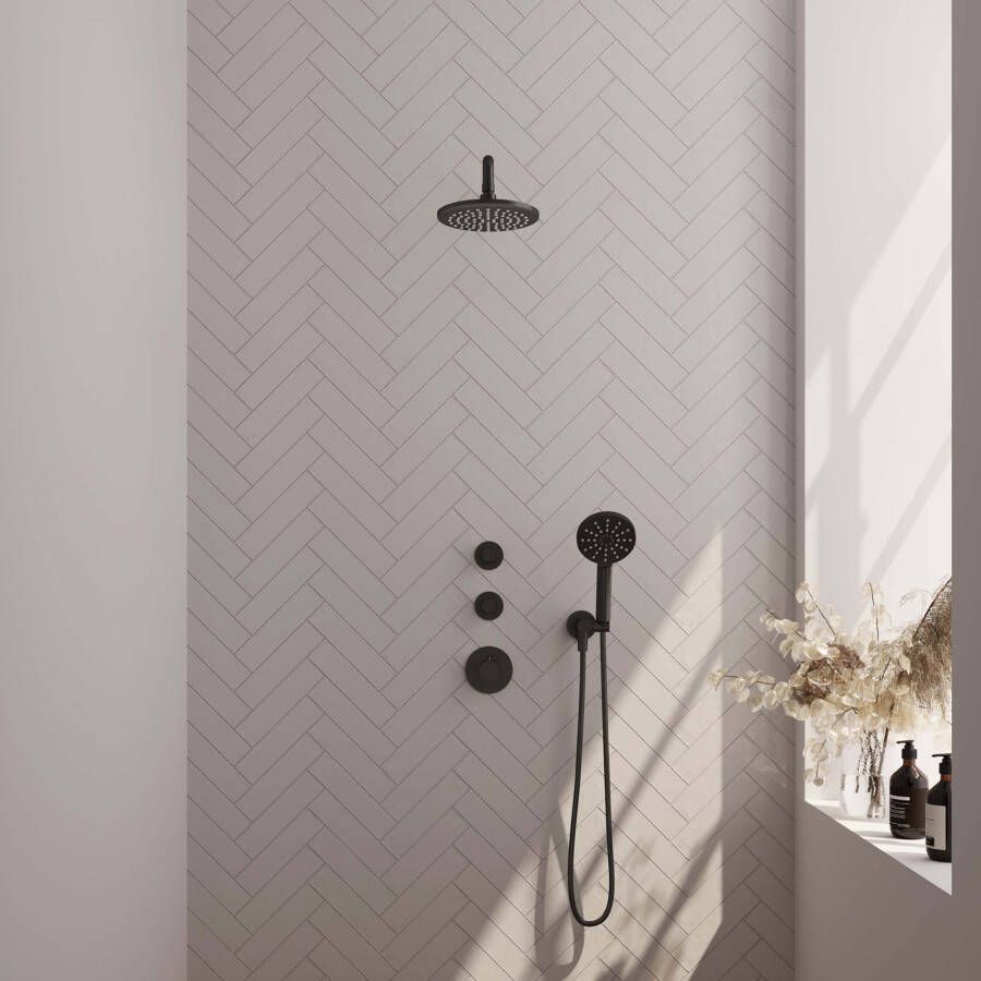 Brauer Black Carving thermostatische inbouw regendouche set mat zwart met 20 cm douchekop gebogen muurarm 3-standen handdouche doucheslang en geïntegreerde glijstang - Foto 3