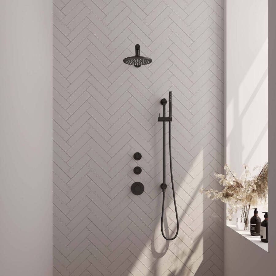 Brauer Black Carving thermostatische inbouw regendouche SET 13 20 cm douchekop met muurarm handdouche doucheslang en geïntegreerde glijstang mat zwart