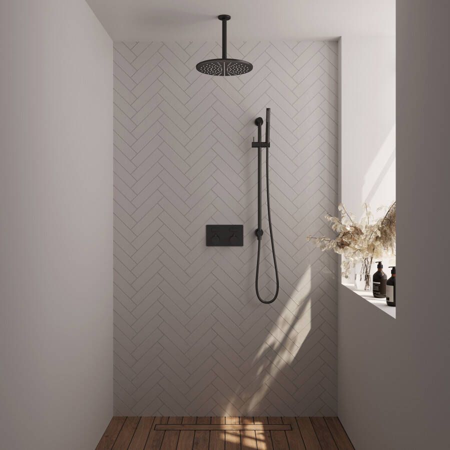 Brauer Black Carving thermostatische inbouw regendouche met drukknoppen SET 66 met 30 cm douchekop en plafondarm en staaf handdouche en doucheslang en geïntegreerde glijstang mat zwart