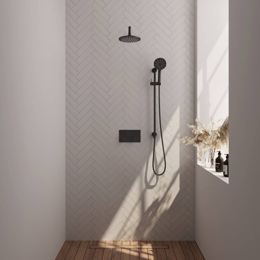 Brauer Black Carving thermostatische inbouw regendouche met drukknoppen SET 69 met 20 cm douchekop en gebogen muurarm en 3-standen handdouche en doucheslang en geïntegreerde glijstang mat zwart