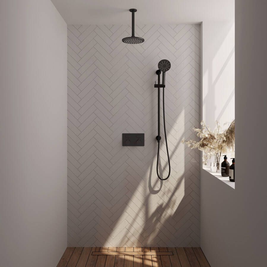 Brauer Black Carving thermostatische inbouw regendouche met drukknoppen SET 71 met 20 cm douchekop en plafondarm en 3-standen handdouche en doucheslang en geïntegreerde glijstang mat zwart